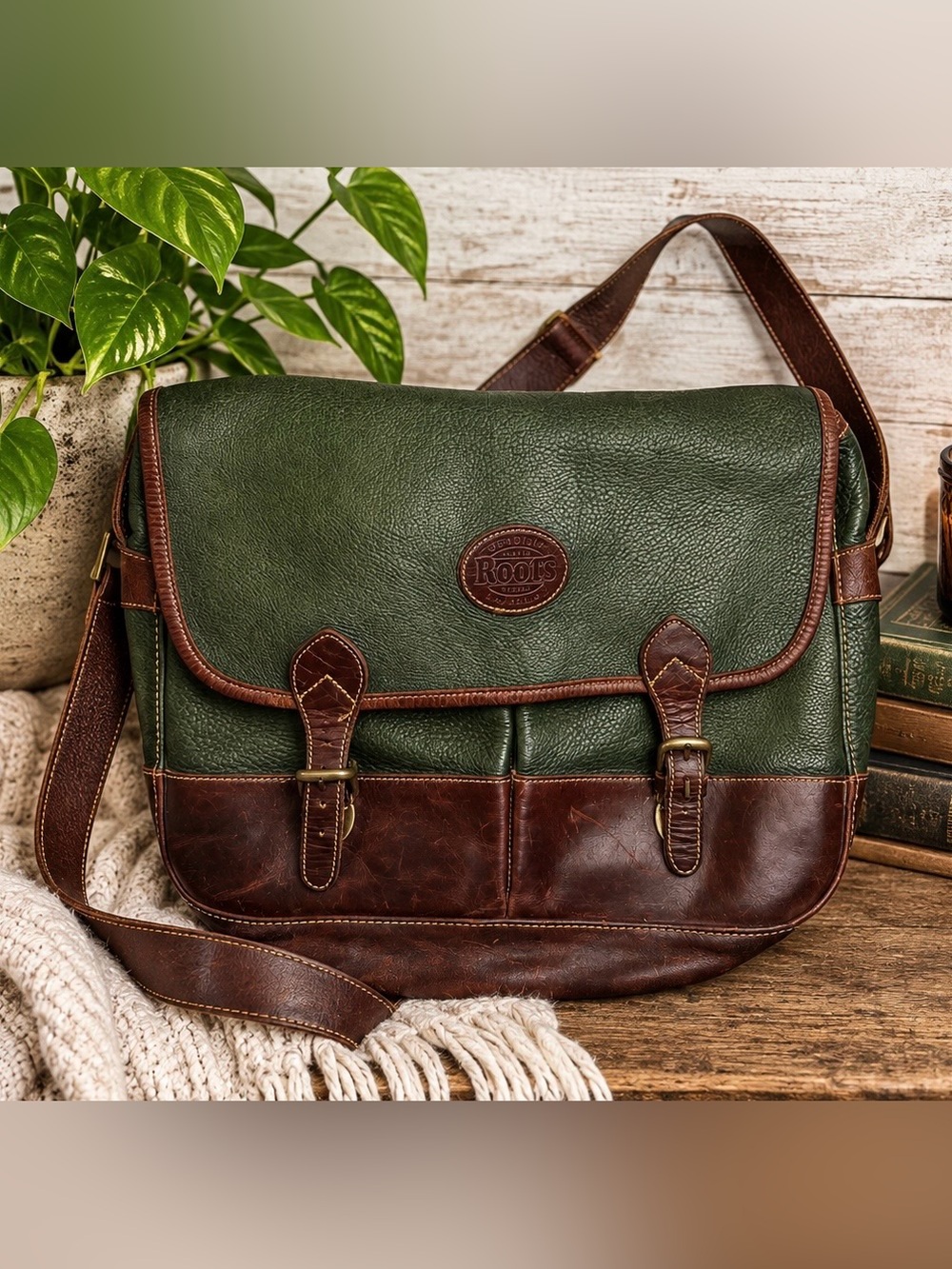 Roots Canada Green & Brown Leather Messenger Bag Crossbody Vintage